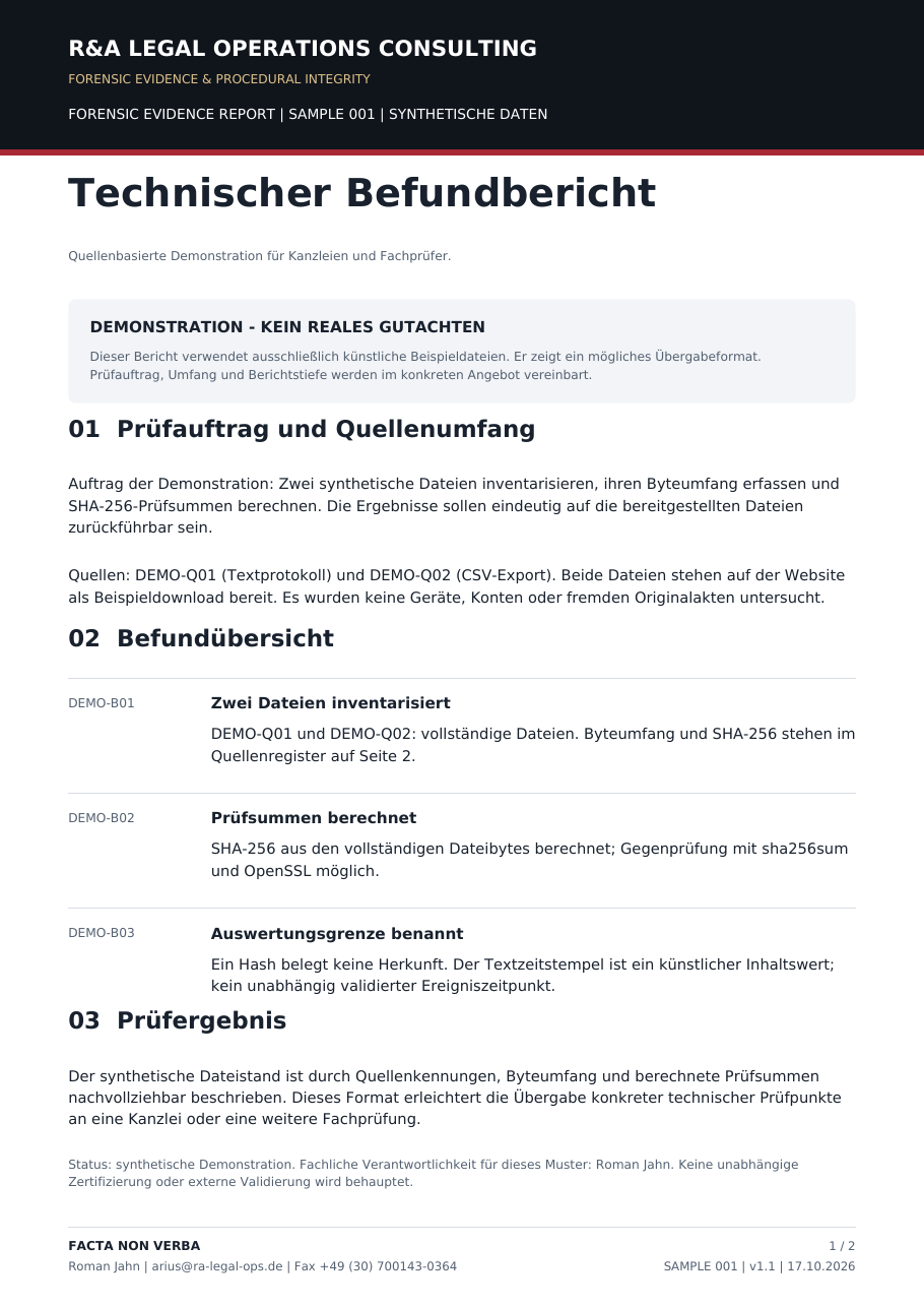 Seite 1 des synthetischen Musterberichts: Prüfauftrag, Befundübersicht und Prüfergebnis